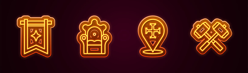 Set line Medieval flag, throne, Crusade and Crossed battle hammers. Glowing neon icon. Vector