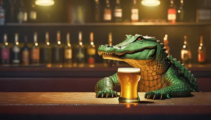 Foto auf Alu-Dibond Ferocious swamp crocodile having fun drinking beer in a bar © williamlacruz