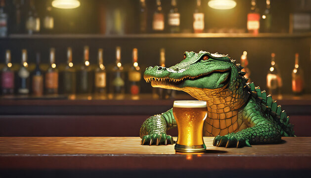 Ferocious swamp crocodile having fun drinking beer in a bar