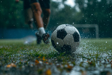 Closeup view of footballer kicking the ball under rainy weather