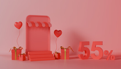 Valentines day sale online shopping 55 percent off with mobile on pastel color background