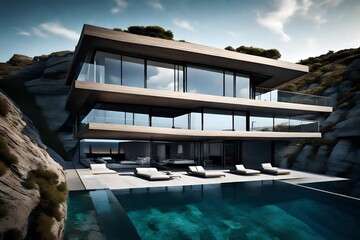 A sleek and modern cliffside residence with an infinity pool overlooking the sea.
