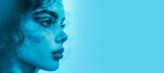 Fototapeta premium Gorgeous woman face on blue background. Concept of beauty, cosmetology, fashion