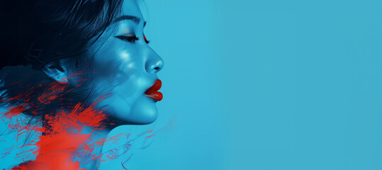 Beautiful Chinese young woman with bright red lips side profile face view on bright blue background. Feminine beauty, fashion, glamour and cosmetology concept