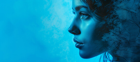 Portrait of a beautiful young Caucasian woman. Side profile face view of female with perfect skin and gorgeous appearance on bright blue wall background