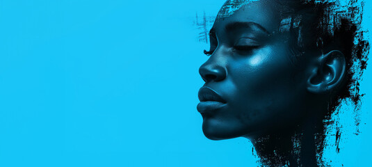 Beautiful African face on bright blue wall background, Concept of beauty, makeup, cosmetics 