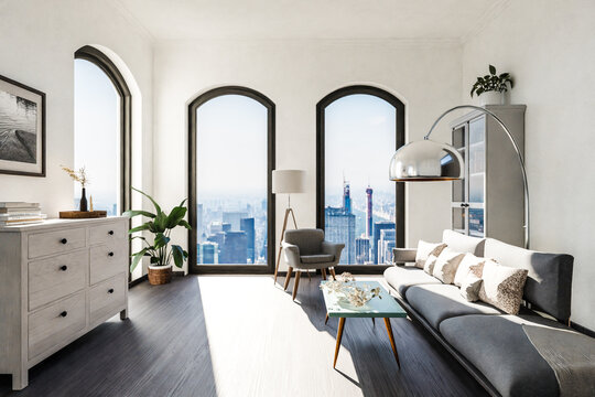 luxurious loft apartment with floor-to-ceiling windows and panoramic view; modern minimalistic interior design of living room and dining room area; bright daylight; 3D rendering