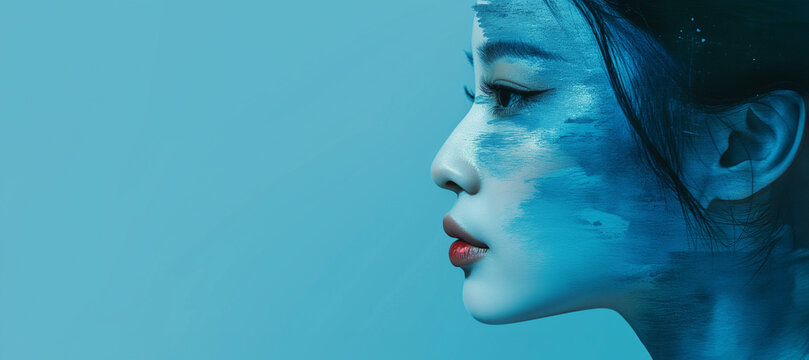 Beautiful Asian woman side profile painted face view on bright blue wall studio background. Beauty, fashion, cosmetics concept