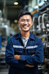 Portrait of a happy Asian male factory worker in a blue uniform smiling at the camera