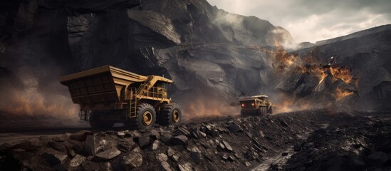 Excavating coal into a mining dump truck at an open pit site.