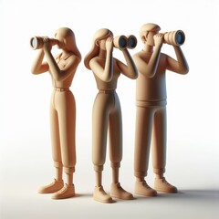 Three People with Spyglasses Observing - 3D Cartoon Clay Illustration.