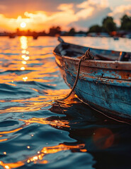 Tranquil Sunset Reflections with Rustic Boat on Water