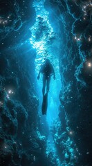 woman free diving towards the lights underwater