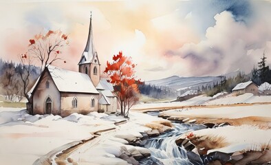 Leonardo Diffusion XL Winter landscape with church painting an