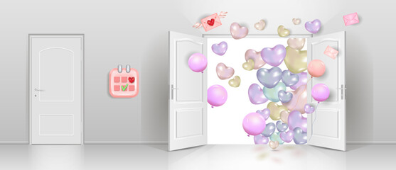 A room with an open door and balloons. Holiday banner template,
 Valentine's day, birthday, wedding. A vector image, a place to copy.

