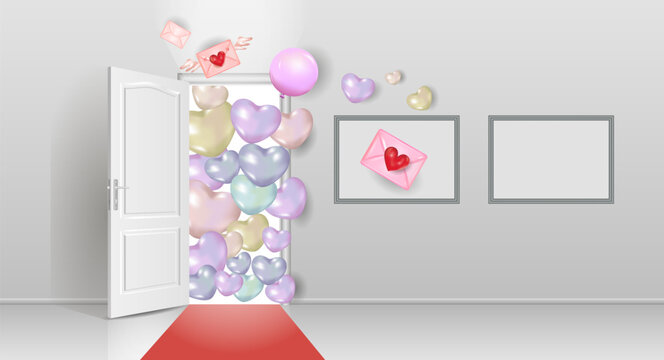 A room with an open door and balloons. Holiday banner template,
 Valentine's day, birthday, wedding. A vector image, a place to copy.

