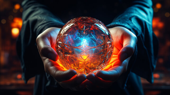 glowing round object Crystal in hand. Mysterious, creative, abstract