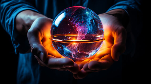 glowing round object Crystal floats in hand. Mysterious, creative, abstract