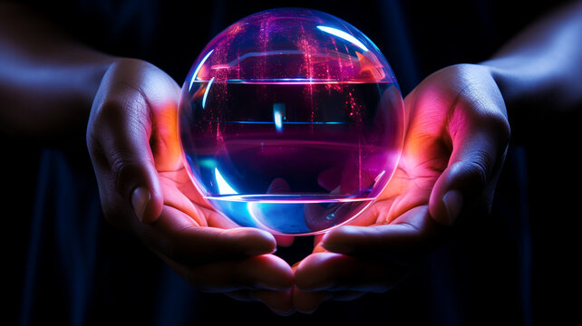 glowing round object Crystal floats in hand. Mysterious, creative, abstract