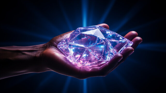 Glowing diamond-like object Crystal floats in hand. Mysterious, creative, abstract