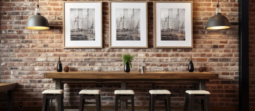 Rustic dining room with white lamps, bar stools, and a poster on a brick wall.