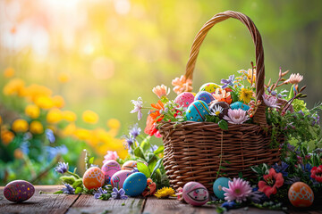 Fototapeta na wymiar Colorful Painted Easter Eggs in Wicker Basket with Spring Flowers on Wooden Table