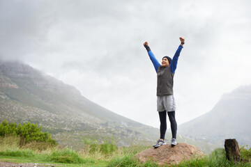 Athlete, mountain peak space or hands up for celebration in training, exercise or workout success....