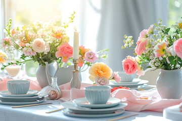 Sophisticated Spring Table Setting with Elegant Roses and Candlelight for Brunch