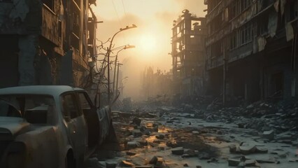 Political conflict. Destroyed buildings background. Terrible tragic war concept. Global crisis. People suffer. Bombed ruined houses. City streets after rocket bomb explosion. End of world. Apocalypse.