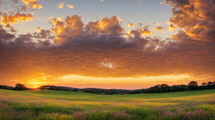 Fototapeta na wymiar sunset in the field, surreal landscape of golden hour 