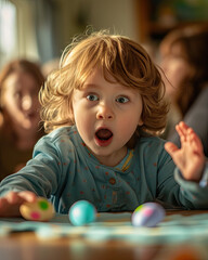 Excited Toddler with Colorful Easter Eggs on Table