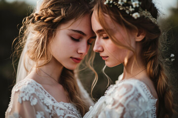 Close up portrait of two beautiful gay LGBT brides hug each other at their own wedding. LGBT love and freedom concept