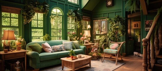 Fototapeta na wymiar Cottage-themed big house with green-walled living room and plant.