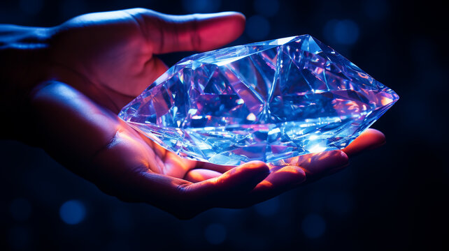 Glowing diamond-like object Crystal floats in hand. Mysterious, creative, abstract