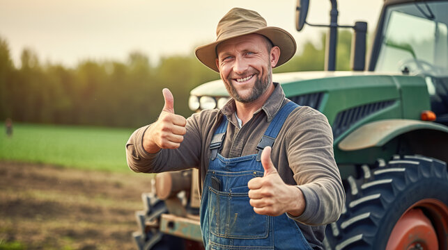 Portrait of a farmer showing a thumbs up with a tractor in the background. Agricultural work in the field