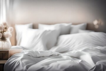 Fototapeta na wymiar Soft-focus image of a bed with percale sheets, creating a dreamy and comfortable atmosphere.
