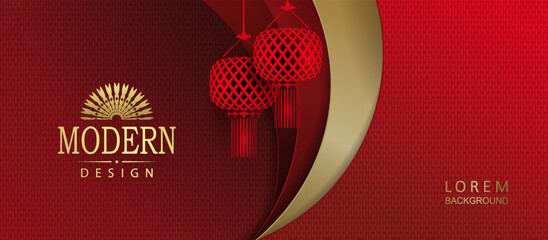 Fototapeta premium Red texture illustration, oval curtains with air lanterns.