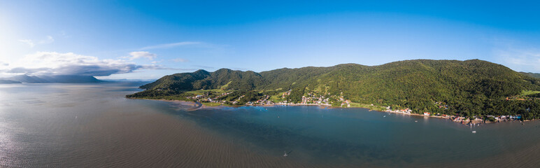 180° panoramic aerial photo of paradisiacal landscape, in the city of Florianópolis, Santa...