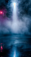 Wet asphalt, reflection of neon lights, a searchlight, smoke. Abstract light in a dark empty street with smoke, smog. Dark background scene of empty street, night view, night city. - obrazy, fototapety, plakaty