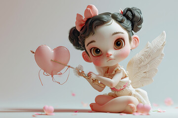 Obraz premium Volumetric illustration in cartoon style of a cute cupid girl holding a golden arrow with a pink heart