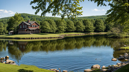 beautiful landscape of lake and trees, dream house in forest