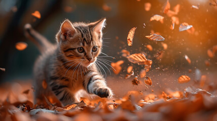 Herbstliches Spiel: Babykatze fängt fallende Blätter im Abendrot des Waldes