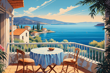 Obraz premium A terrace with a wonderful view. Background with a beautiful landscape. City by the sea, illustration. Sea view from the balcony, a sunny day
