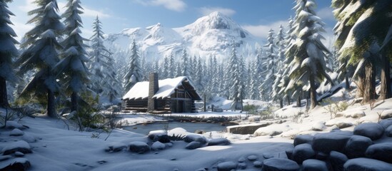 Snowy forest log cabin