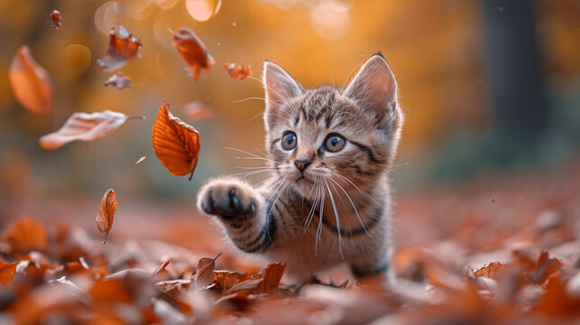 Eine kleine Katze, die in einer herbstlichen Waldatmosph&auml;re fallende Bl&auml;tter mit einer Tatze versucht zu fangen