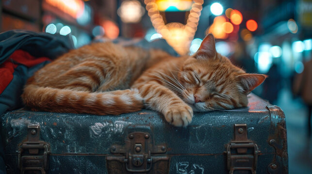 Entspannte Stadtkatze: Schlafend auf einem Koffer mitten in der Stadt