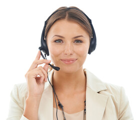 Happy woman, portrait and consultant with headphones for telemarketing or customer service on a white studio background. Face of female person or agent smile in call center with mic for online advice