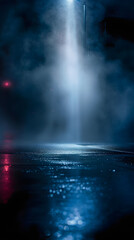 Obraz premium Wet asphalt, reflection of neon lights, a searchlight, smoke. Abstract light in a dark empty street with smoke, smog. Dark background scene of empty street, night view, night city.