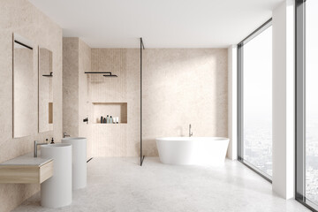 Stylish hotel bathroom interior with double sink, shower and tub near window