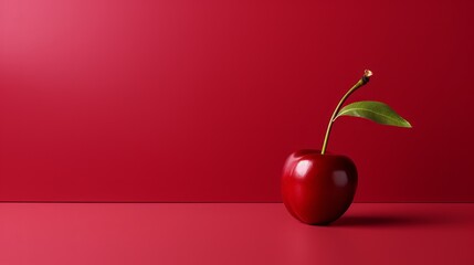 Minimalistic Red Cherry with Green Leaf on Solid Red Background